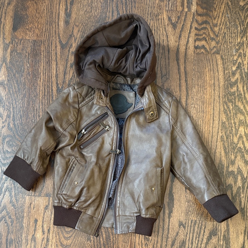 Brown Faux Leather bomber jacket with Hood